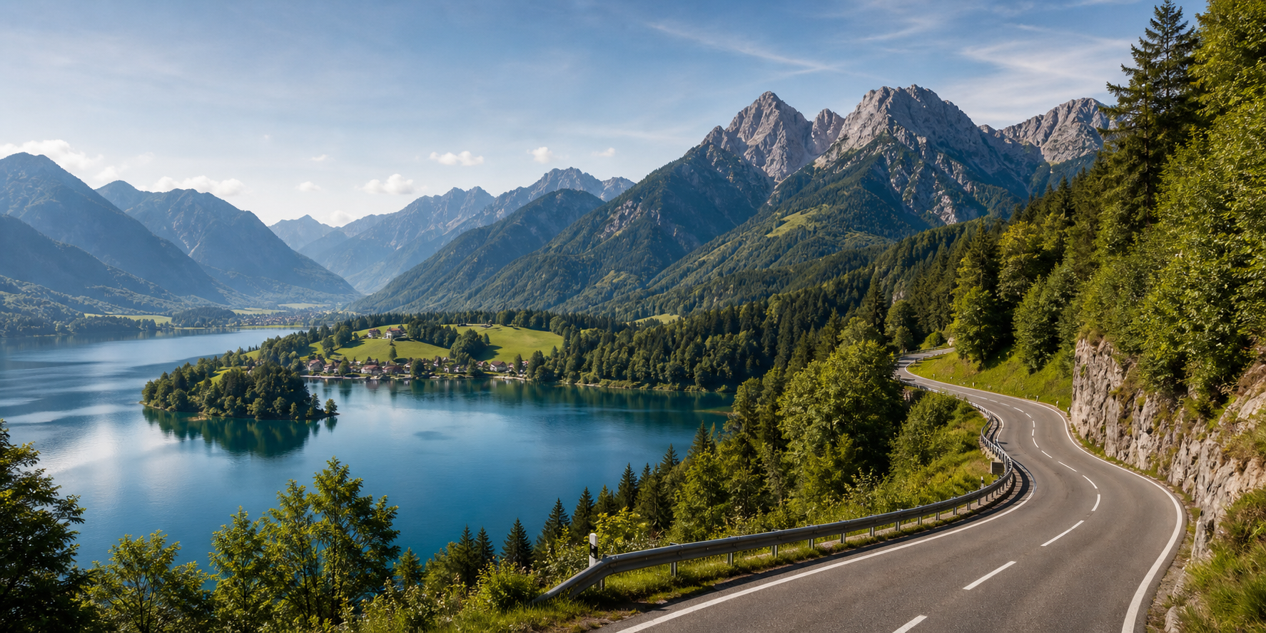 Alpenstrasse mit Blick auf einen Bergsee
