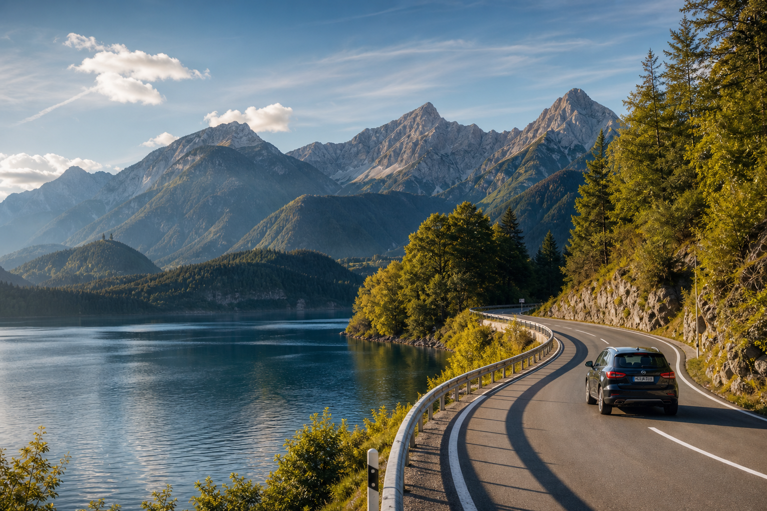 Kurvenreiche Route entlang eines Bergsees in Bayern