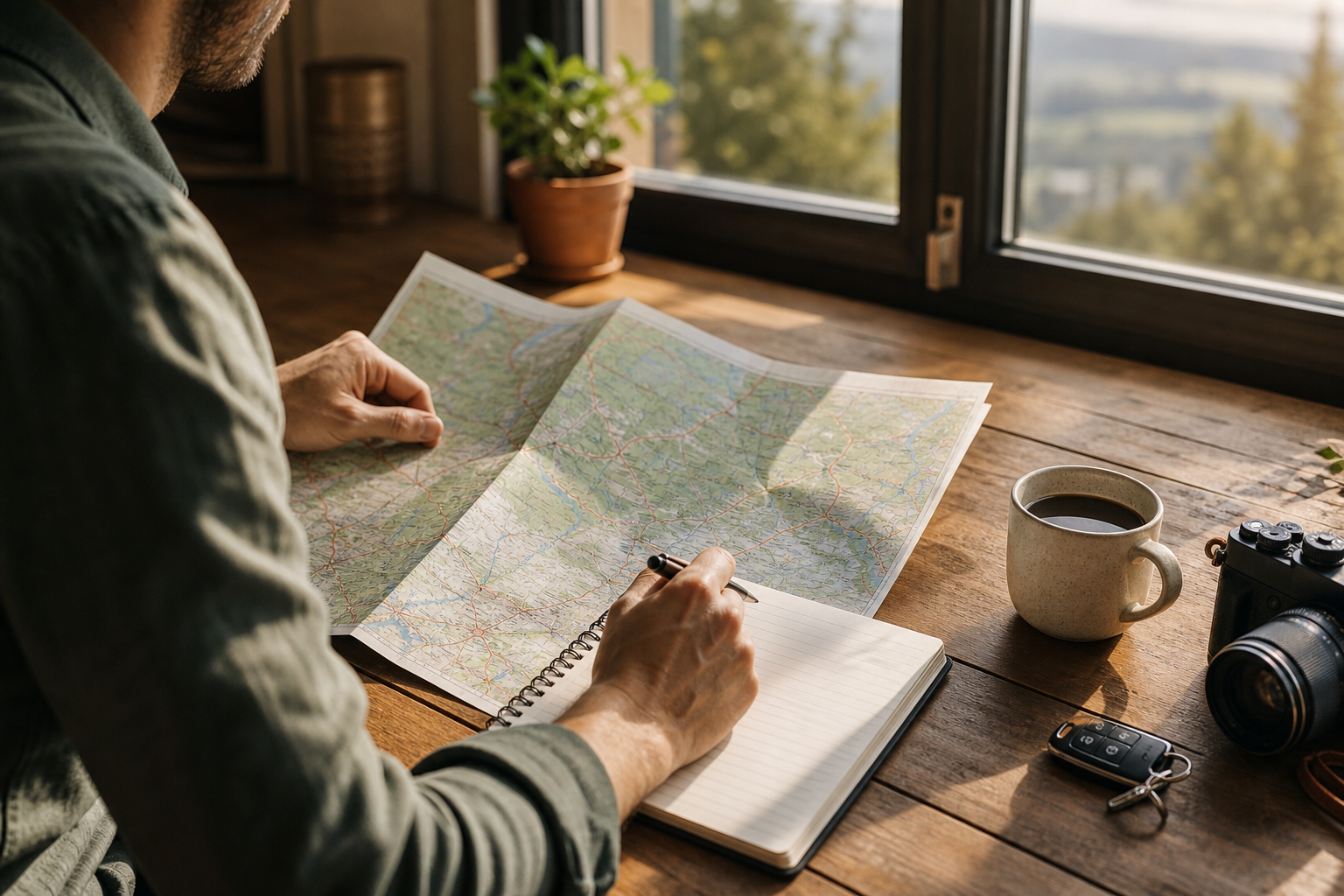 Reiseplanung mit Karte, Notizbuch und Kaffee